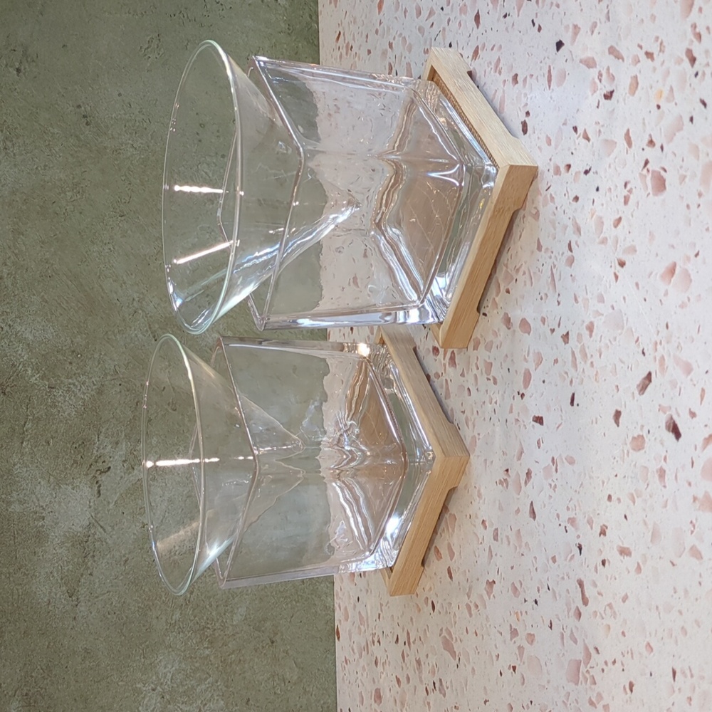 Stemless Martini Glasses on Ice | Set of 2 | Bamboo Wood Coasters | 6 pieces